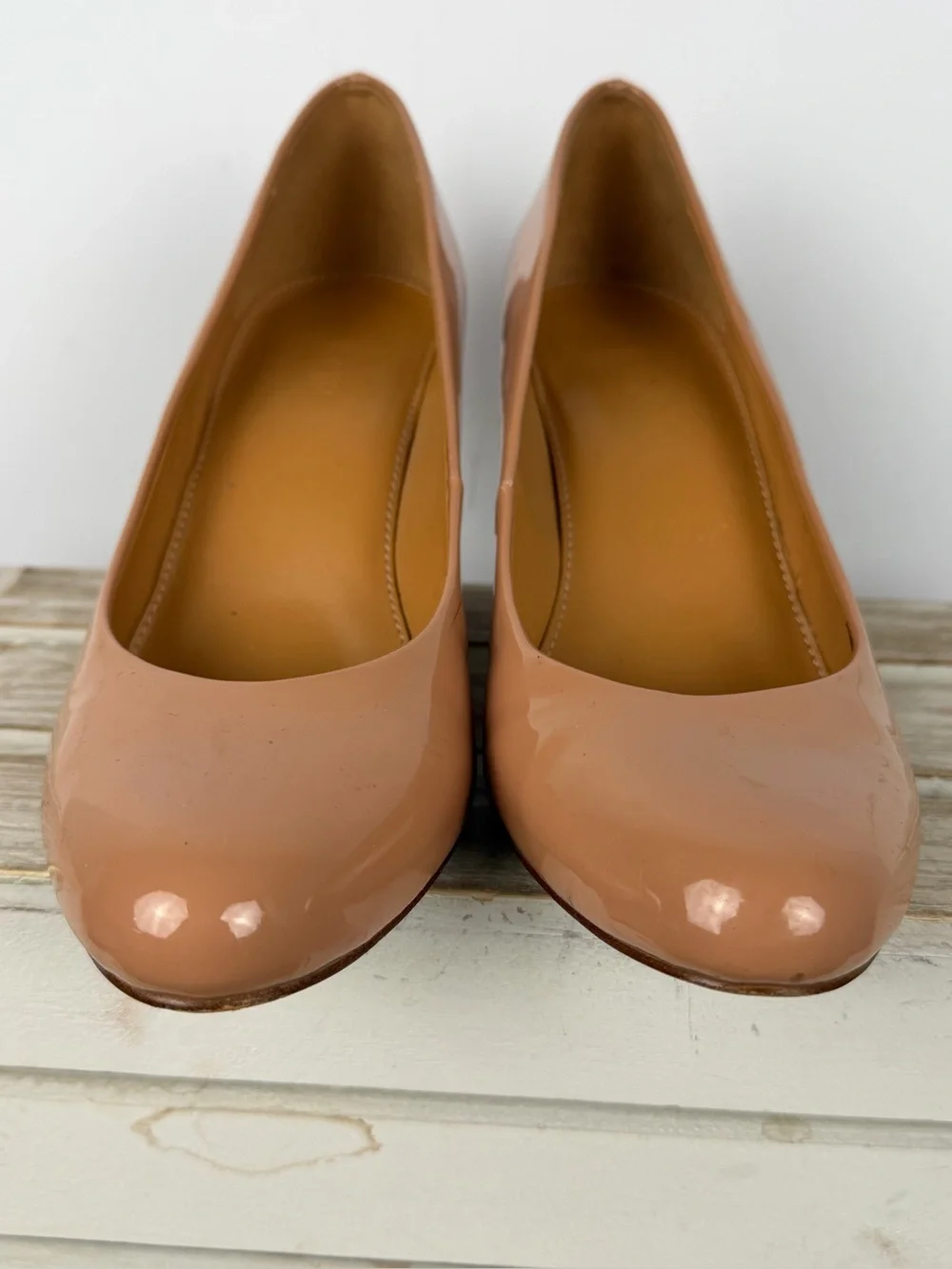 J.Crew Sylvia tan patent leather wedge glossy finish rounded toe size 8